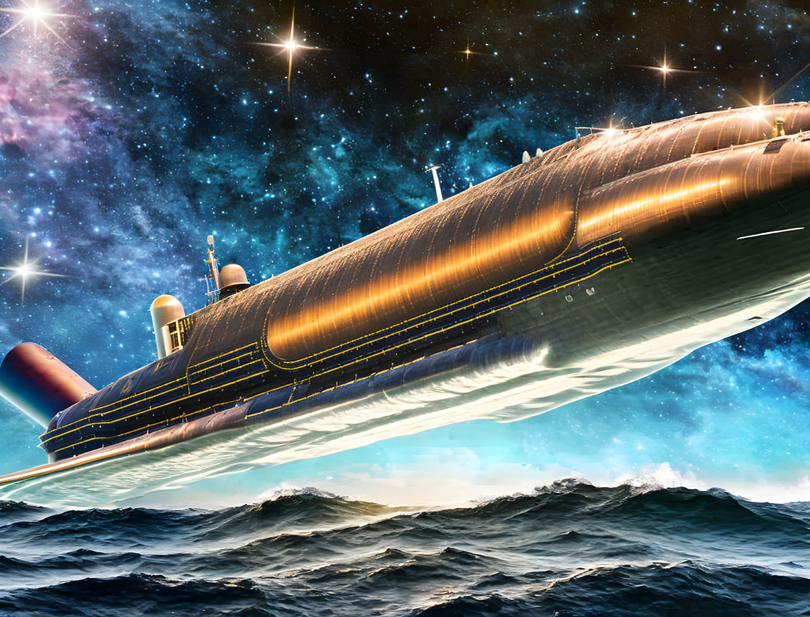 Futuristic submarine in starry sky with sleek design