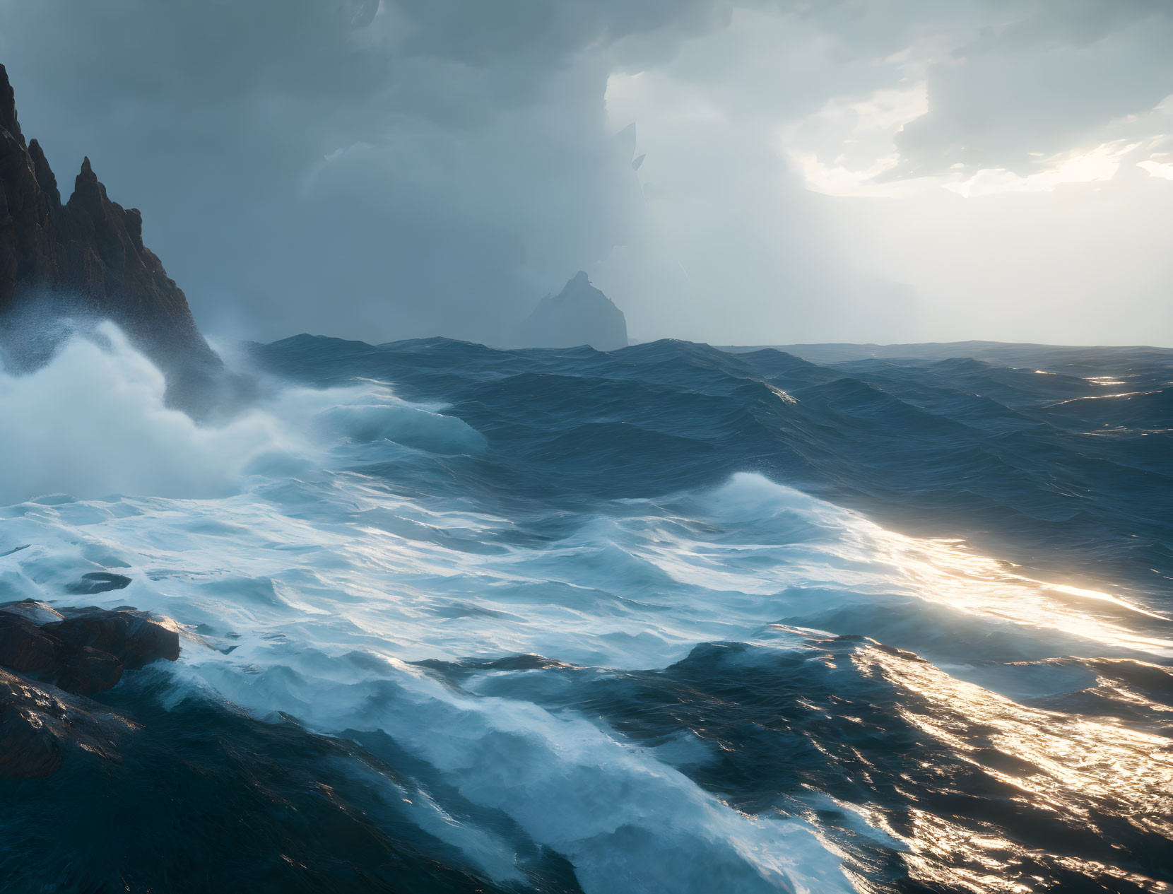 Dramatic ocean waves under sunlight in cloudy sky