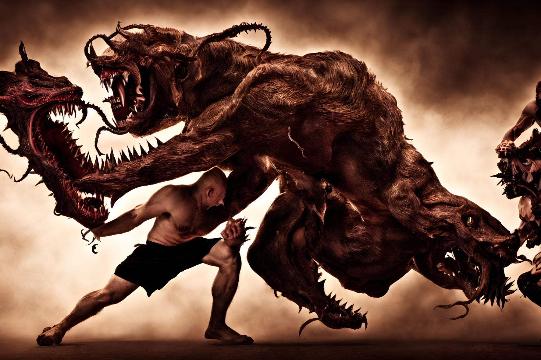 Muscular person facing monstrous beast with multiple heads and tentacles