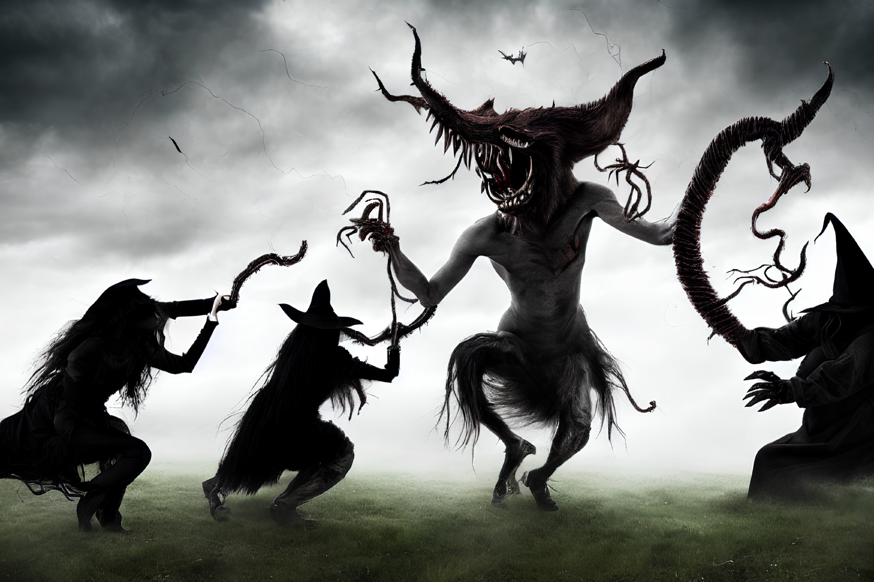 Dark fantasy illustration: Three witches and monstrous creature in stormy setting