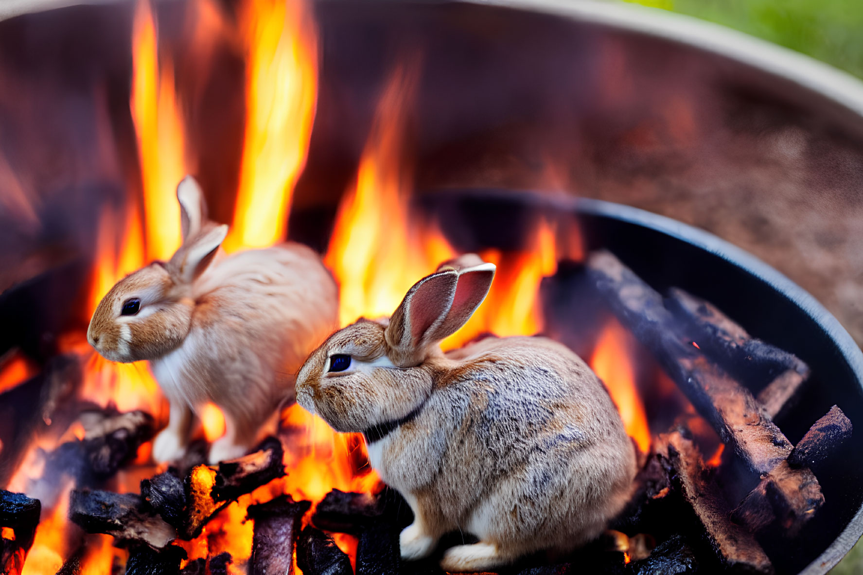 Pair of rabbit figurines by a fire pit