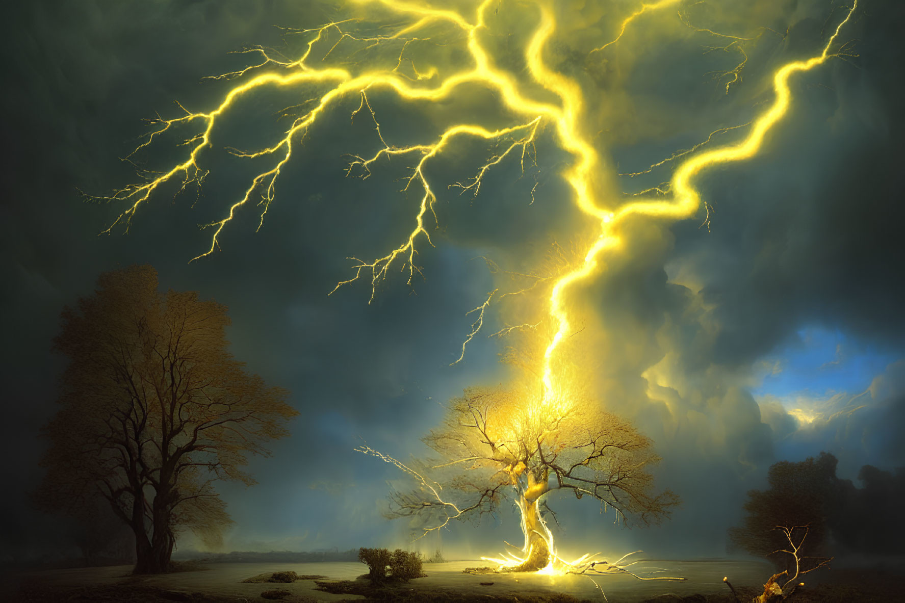 Dramatic scene of solitary tree struck by lightning