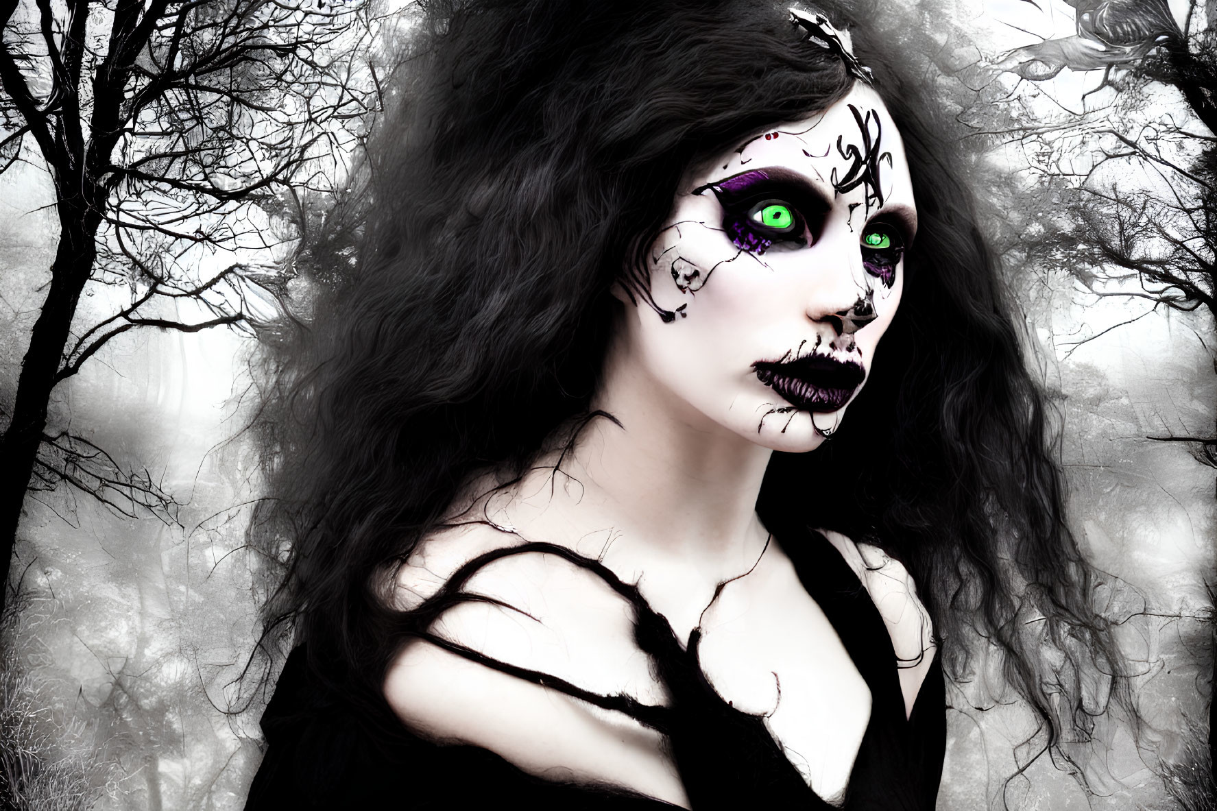 Woman with Elaborate Skull Makeup in Misty Forest with Green Eyes