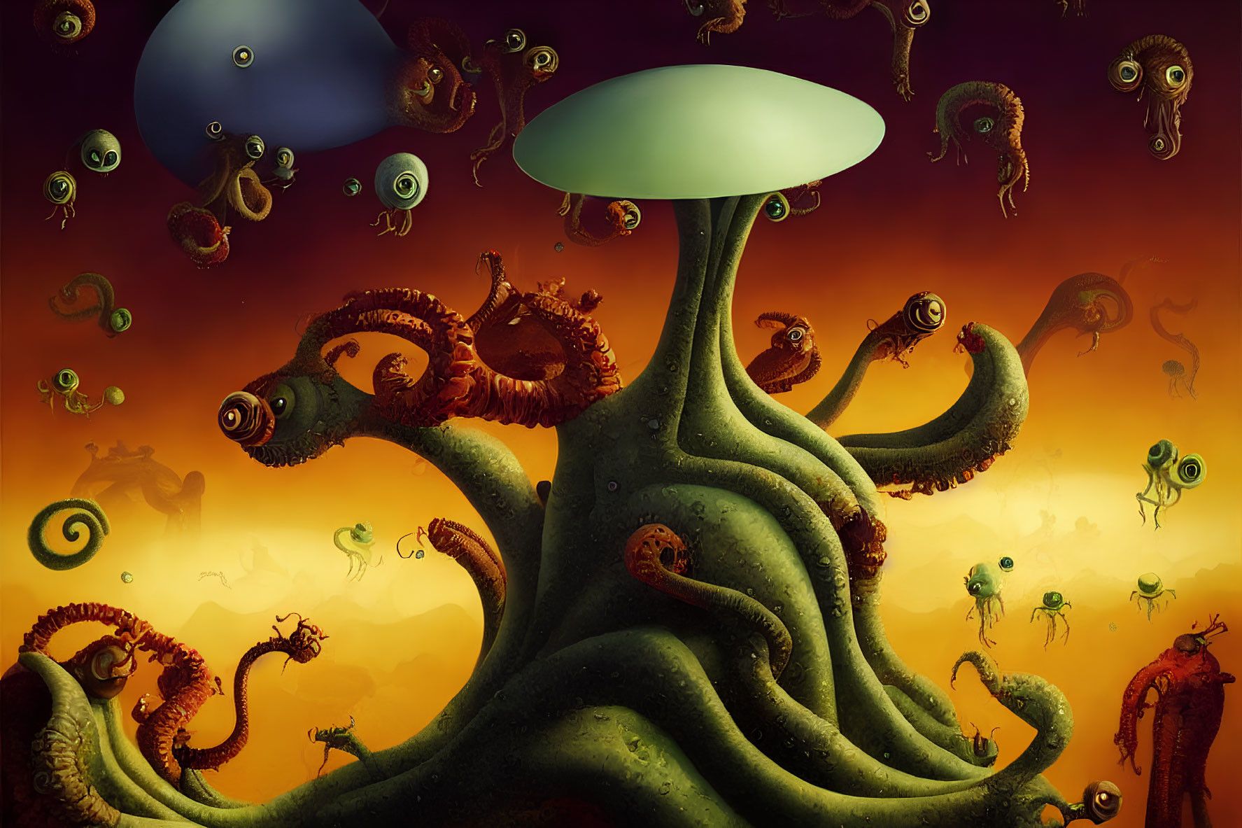 Surreal landscape with green tree creature and floating eyes on orange backdrop