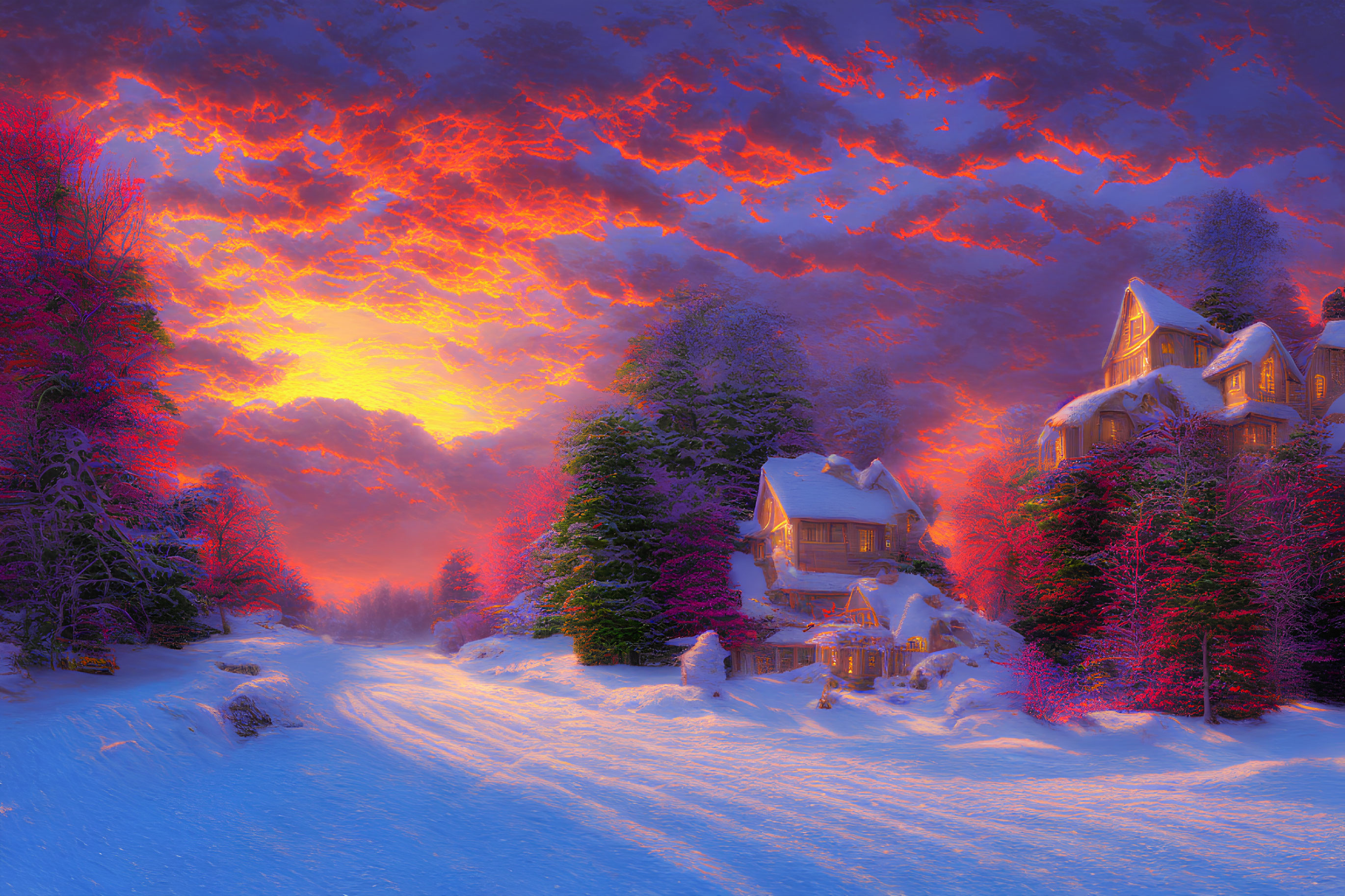 Snowy Sunset Landscape with Orange Clouds and Cozy Houses