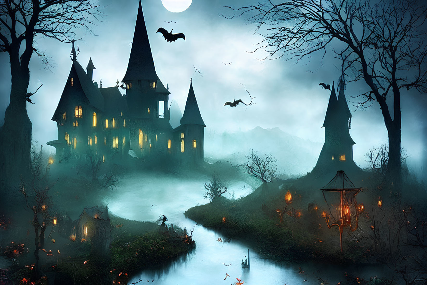 Gothic castle at dusk with fog, bats, and bare trees