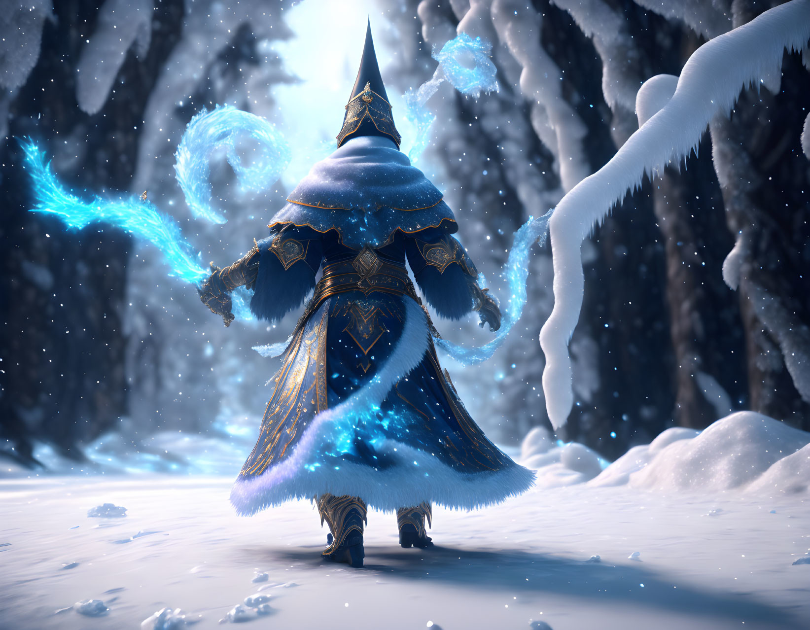 Wizard casting blue spell in snow-covered forest at twilight