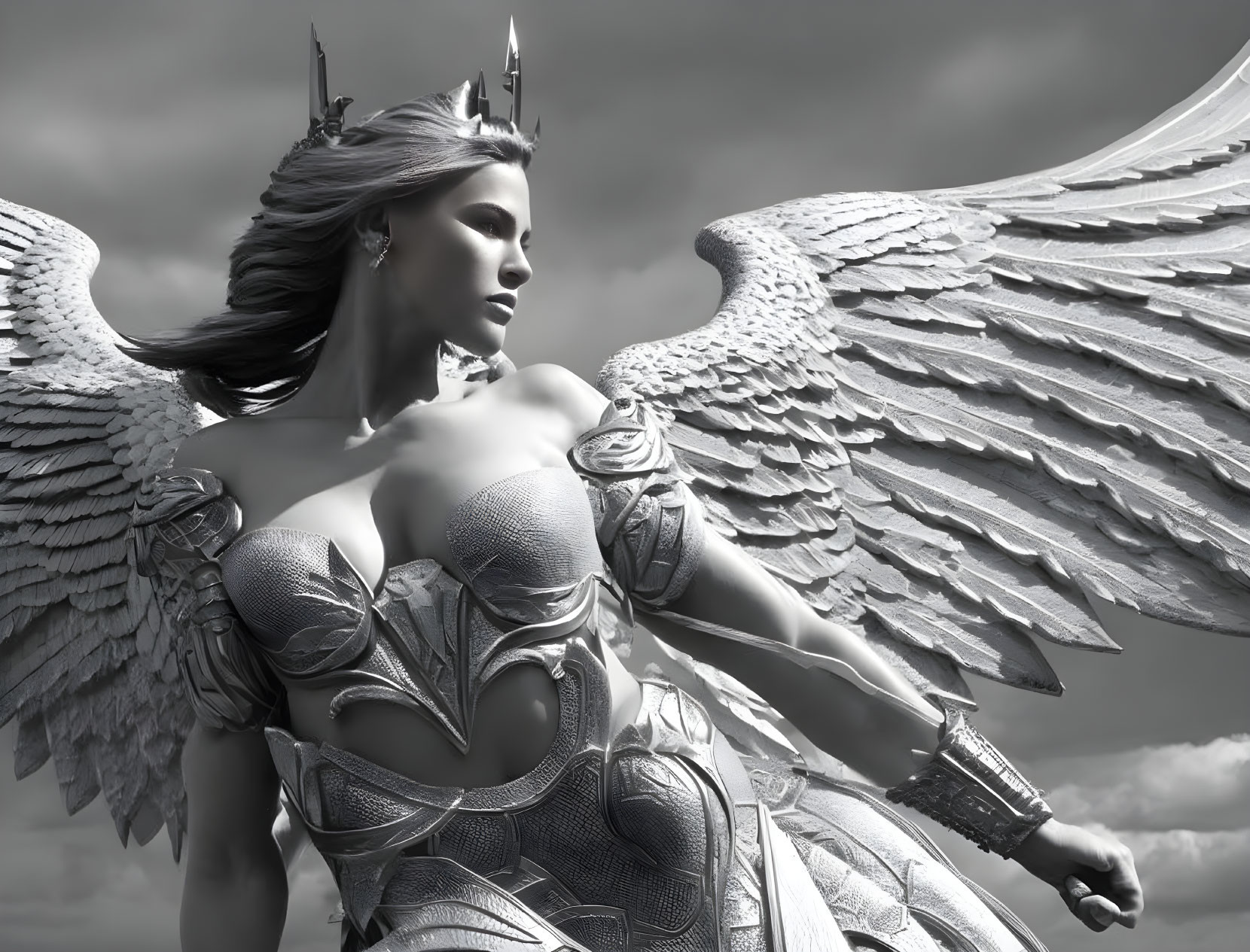 Majestic winged female figure in ornate armor gazing pensively.