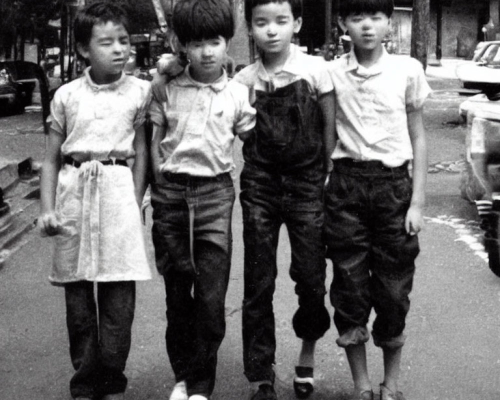 Four Children Standing on City Street in Black and White Photo