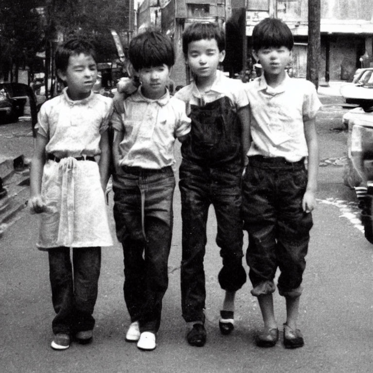 Four Children Standing on City Street in Black and White Photo