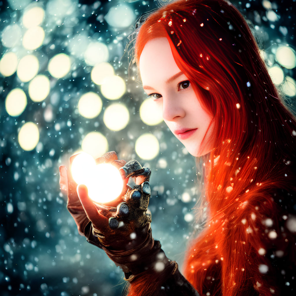 Red-haired person with glowing orb in snowy scene