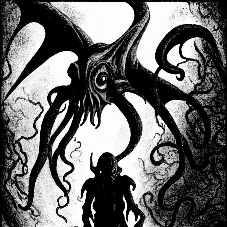 Monochromatic illustration: imposing octopus with expansive tentacles and small human figure