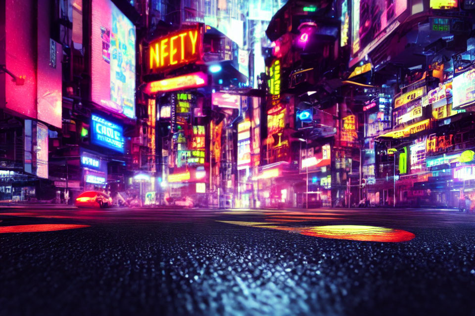 Vibrant neon-lit cityscape with wet streets and blurry car