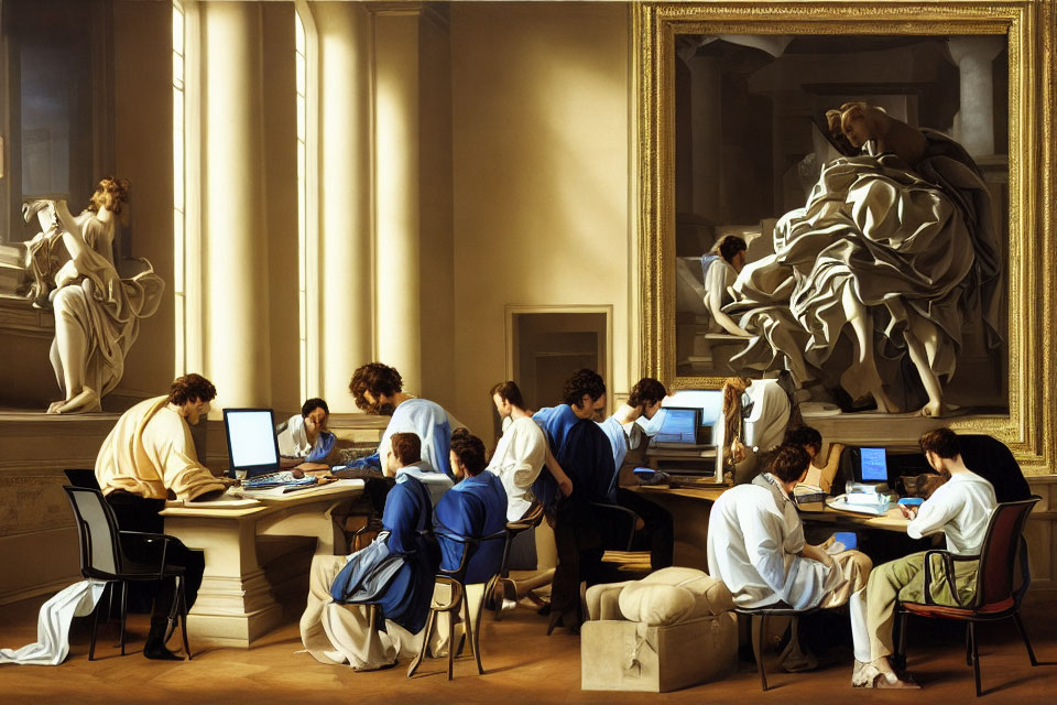 Office workers on computers in classical museum setting with sculptures.