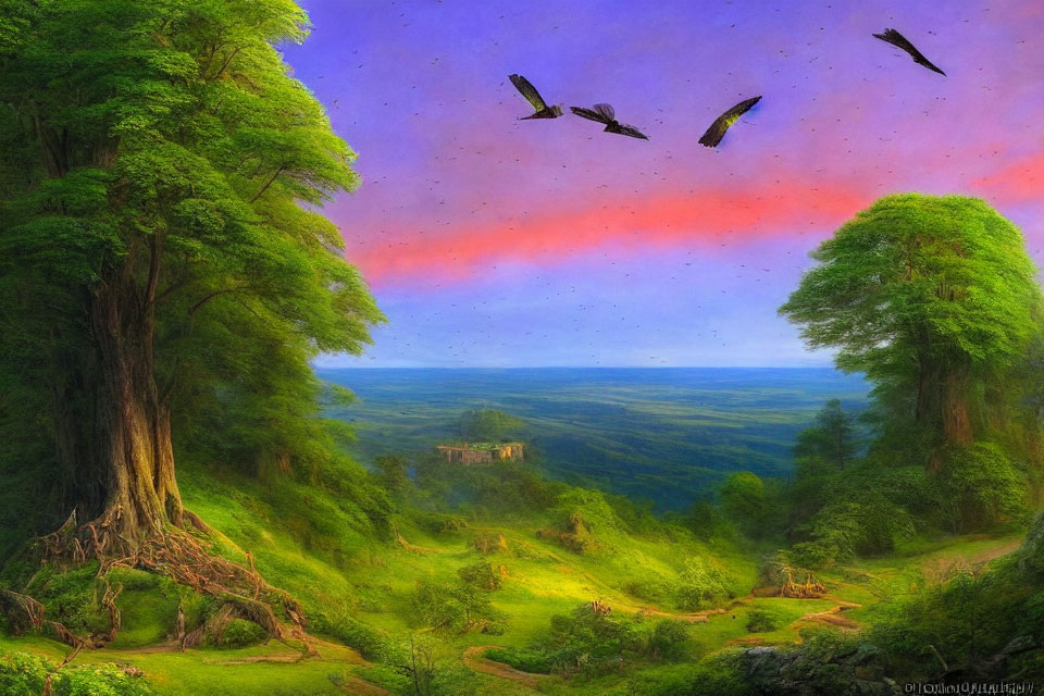 Vibrant sky, birds, lush greenery, distant castle in scenic landscape