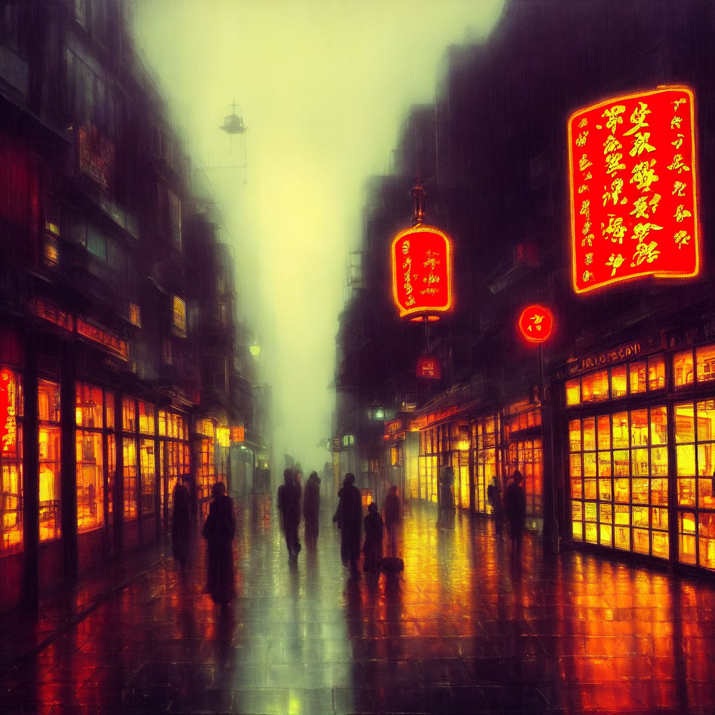 Rainy Street Scene with Silhouettes and Warm Glowing Lights