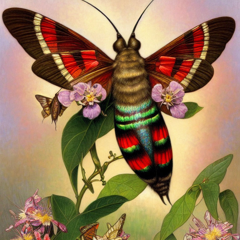 Colorful moth and butterflies on pink flowers in lush green setting