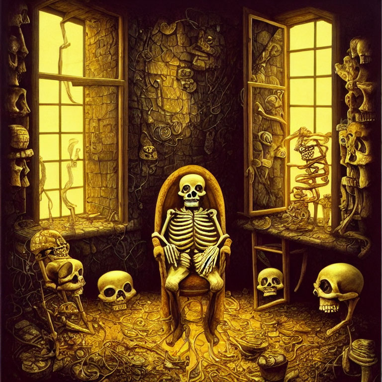 Gothic yellow-toned illustration of skeletal figures in room