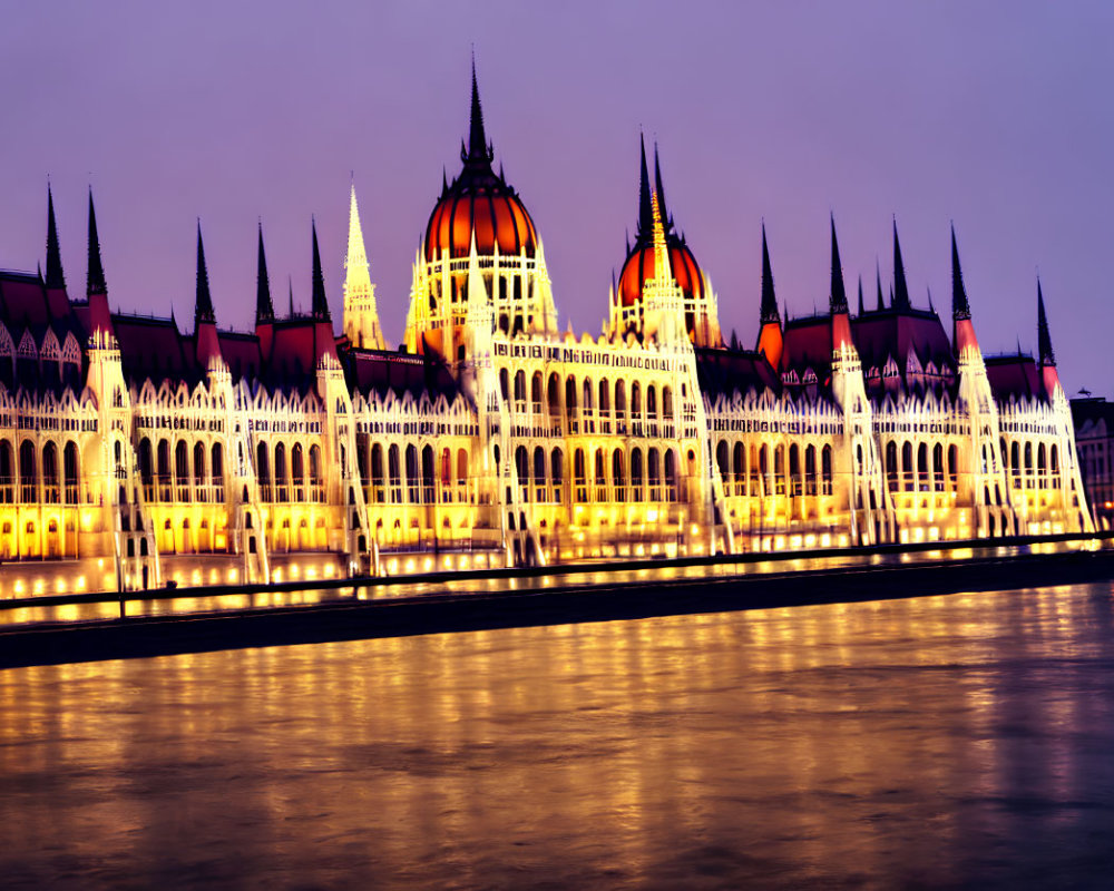 Iconic Hungarian Parliament Building at dusk reflecting in Danube River against twilight sky