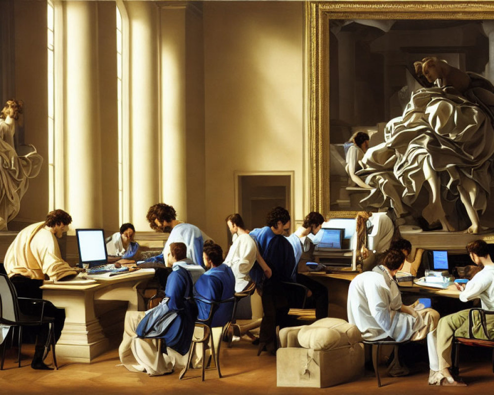 Office workers on computers in classical museum setting with sculptures.