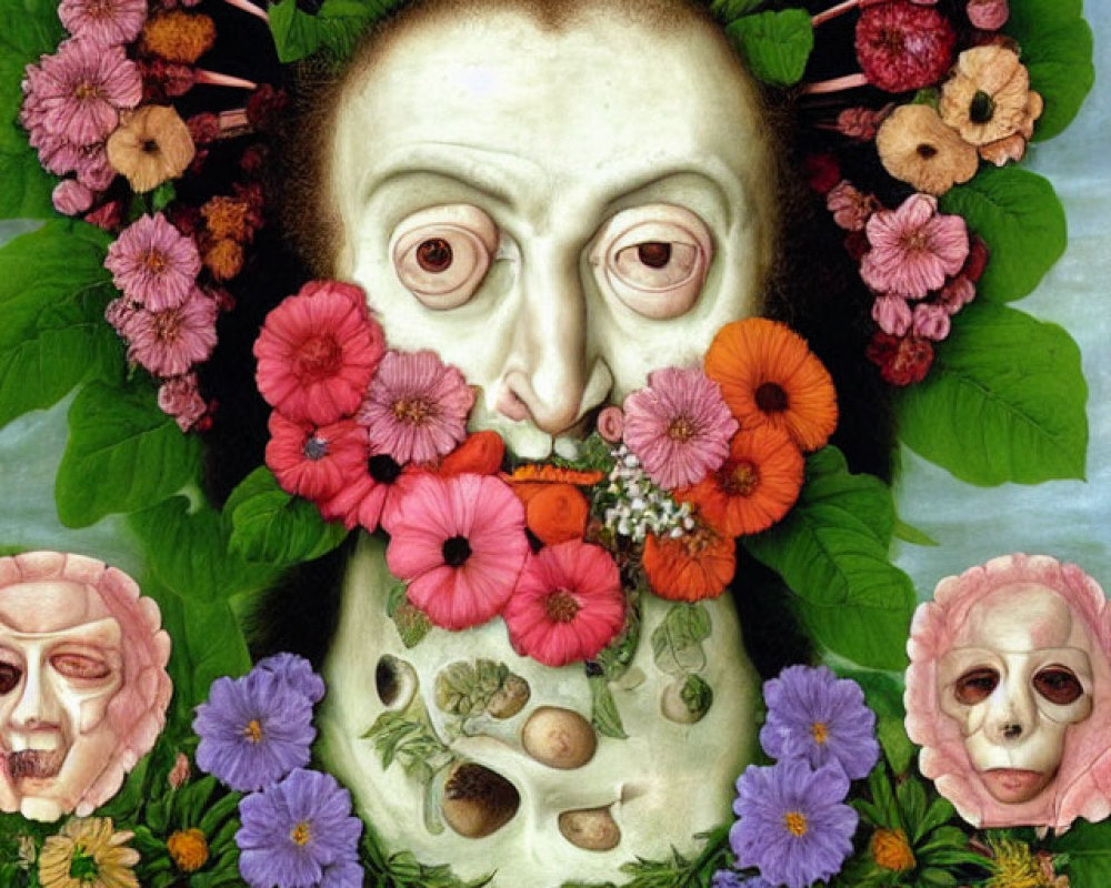 Vibrant floral surreal portrait with multiple faces in a dreamlike composition