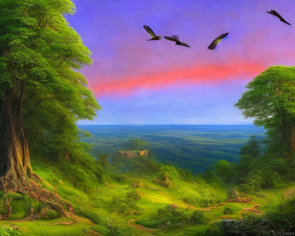 Vibrant sky, birds, lush greenery, distant castle in scenic landscape