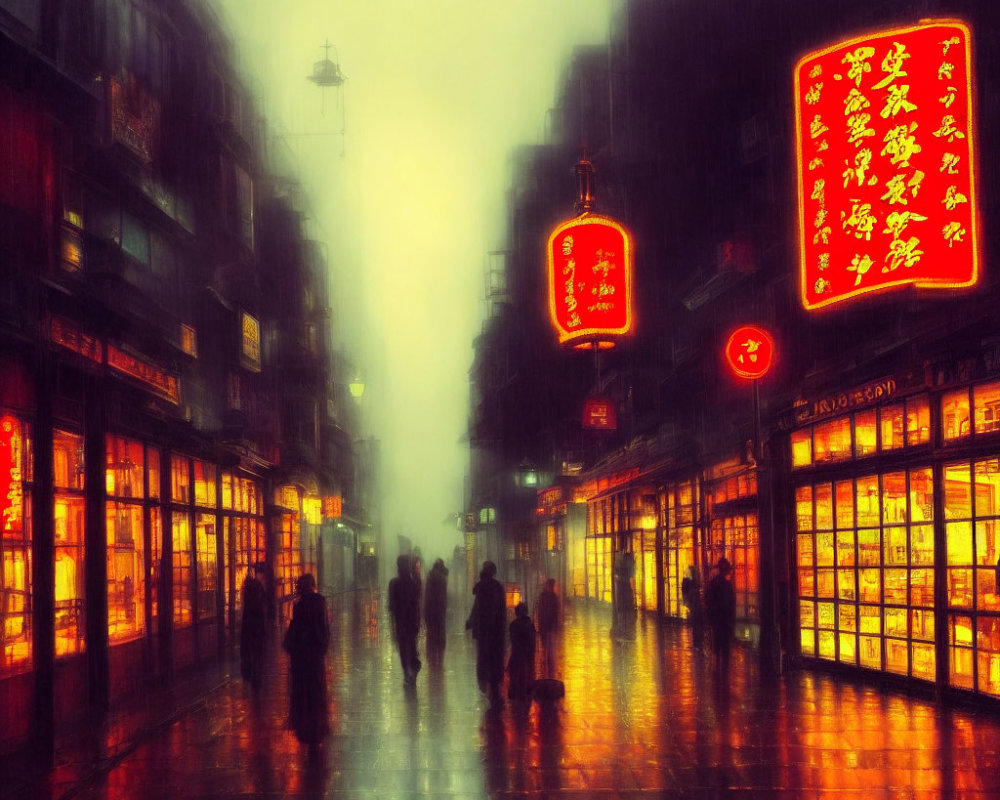 Rainy Street Scene with Silhouettes and Warm Glowing Lights