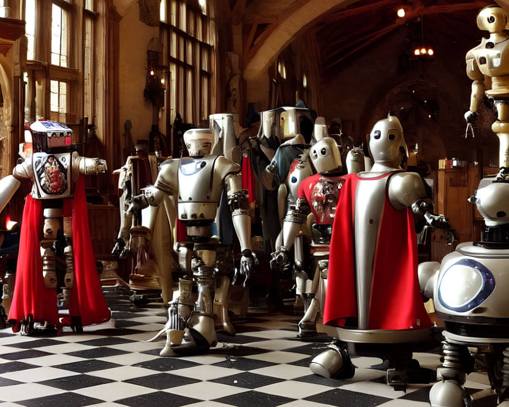 Stylized robots in red capes in ornate room with checkered floor.