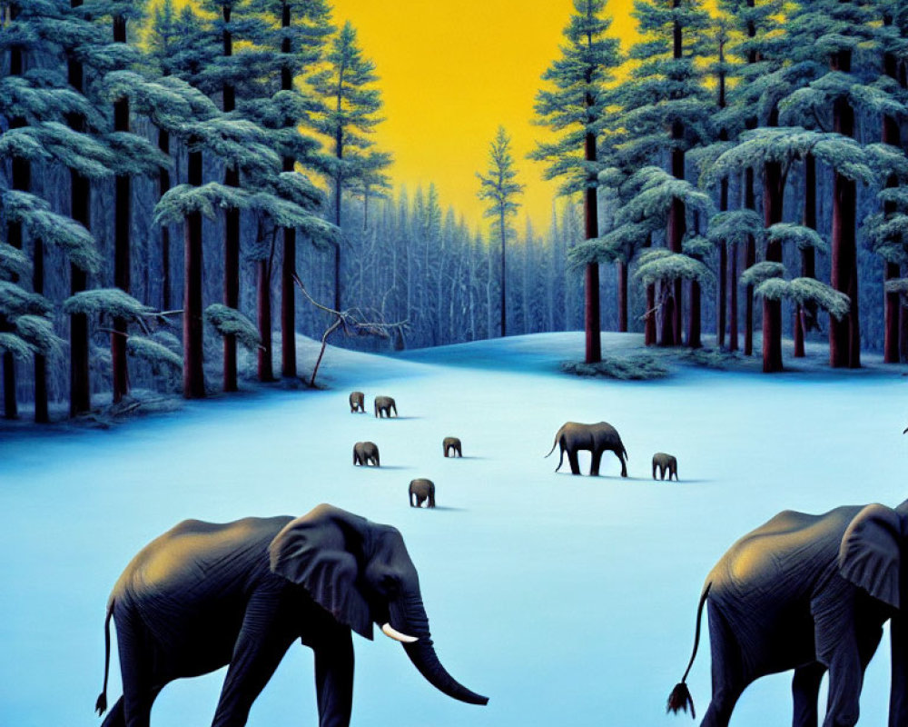 Elephants Ice Skating in Surreal Winter Scene