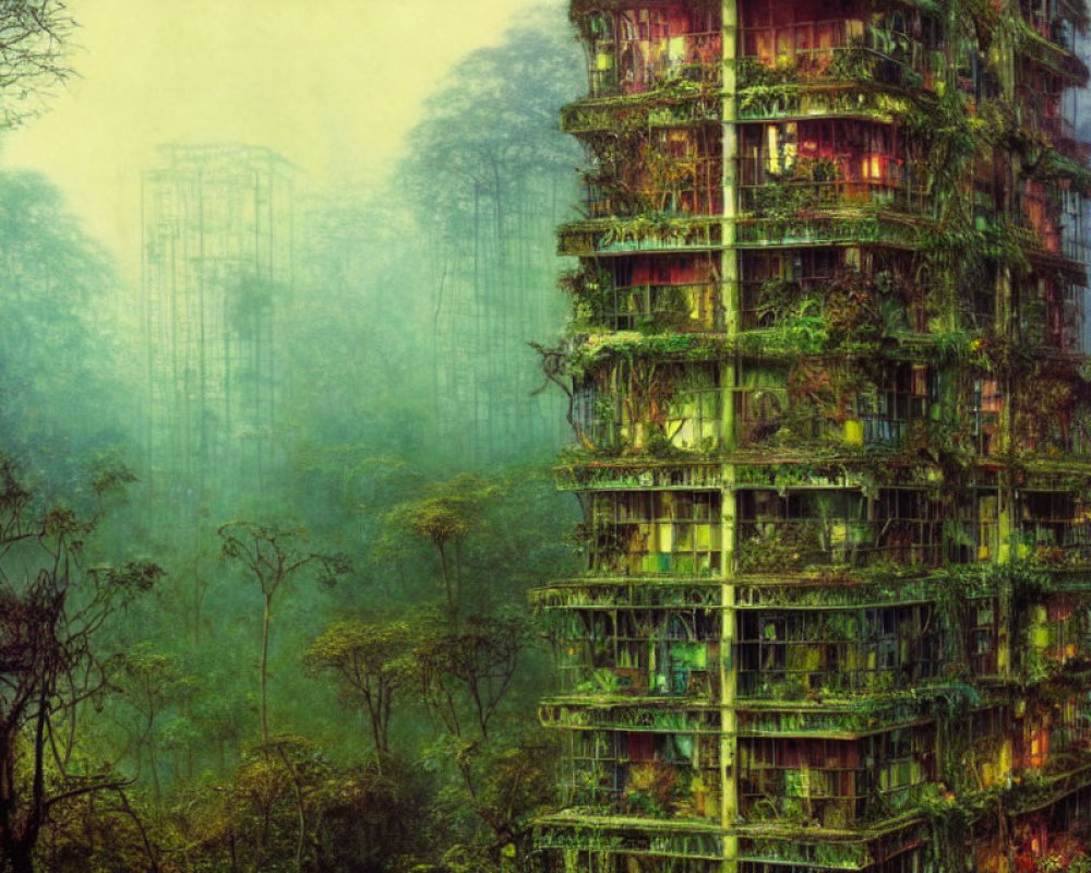 Lush overgrown skyscraper complex in misty forest landscape