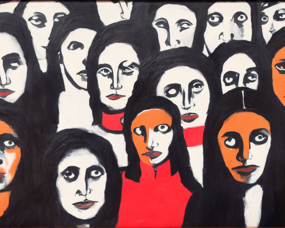 Abstract painting of stylized faces with expressive eyes on red and black background