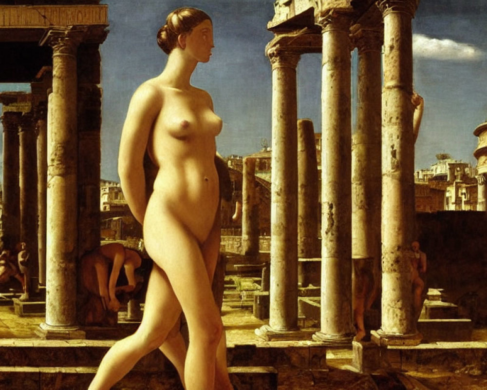 Classical painting of nude woman in ruins under blue sky