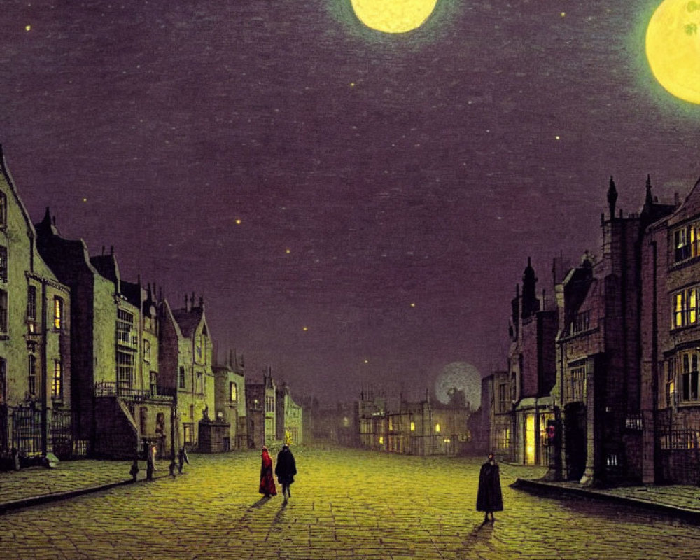 Victorian-era street scene at night with double moon and strolling figures.