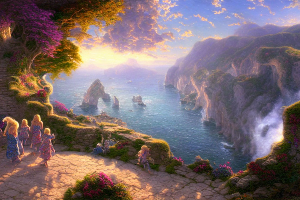 Colorful fantasy landscape with cliffs, waterfall, ocean, and sunset sky.