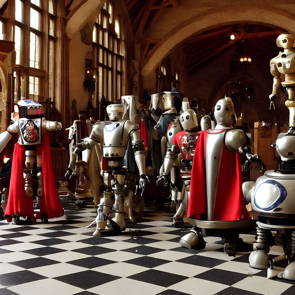 Stylized robots in red capes in ornate room with checkered floor.