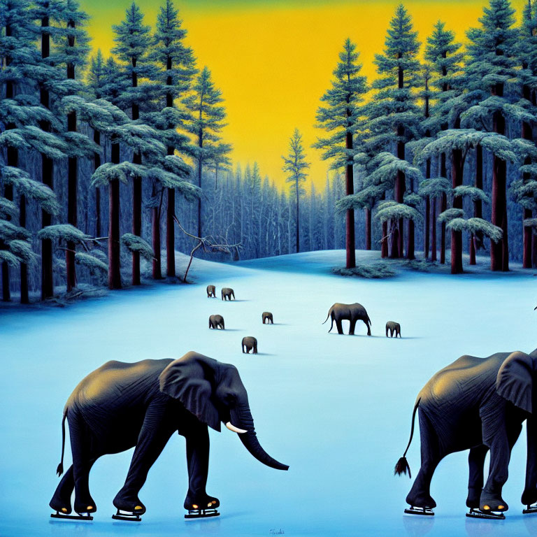 Elephants Ice Skating in Surreal Winter Scene