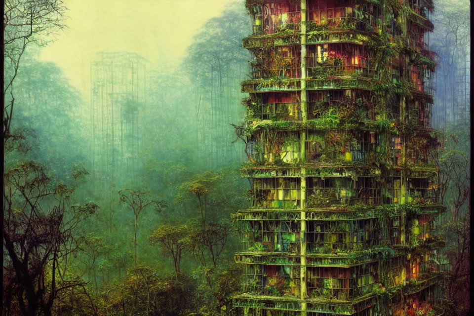 Lush overgrown skyscraper complex in misty forest landscape