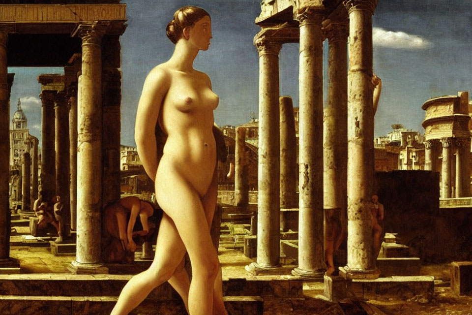 Classical painting of nude woman in ruins under blue sky