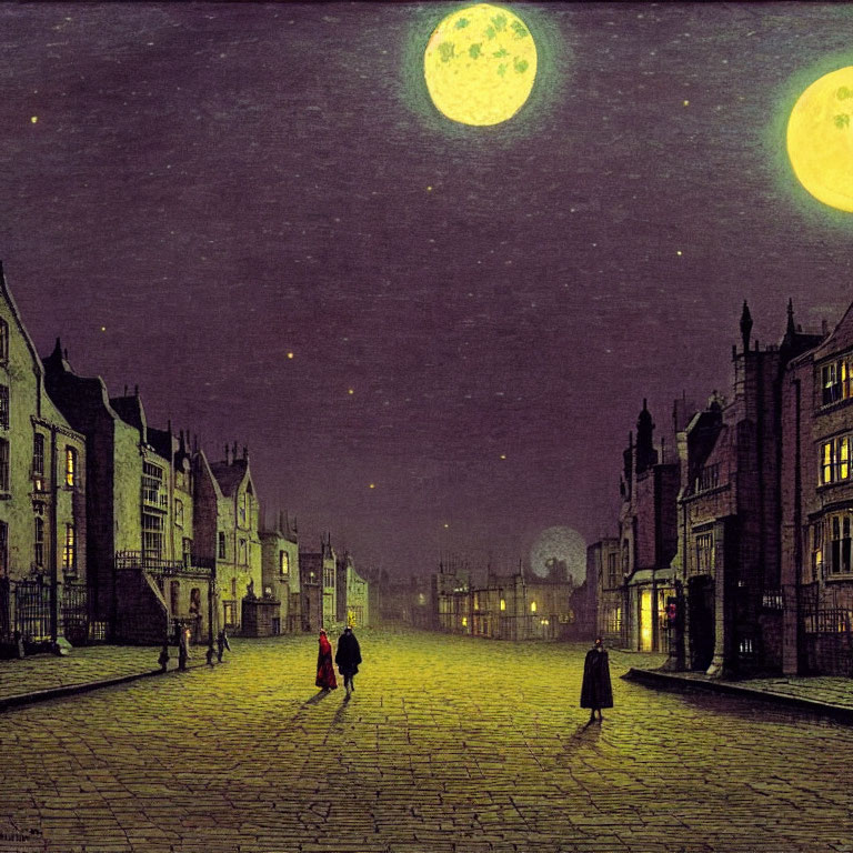 Victorian-era street scene at night with double moon and strolling figures.