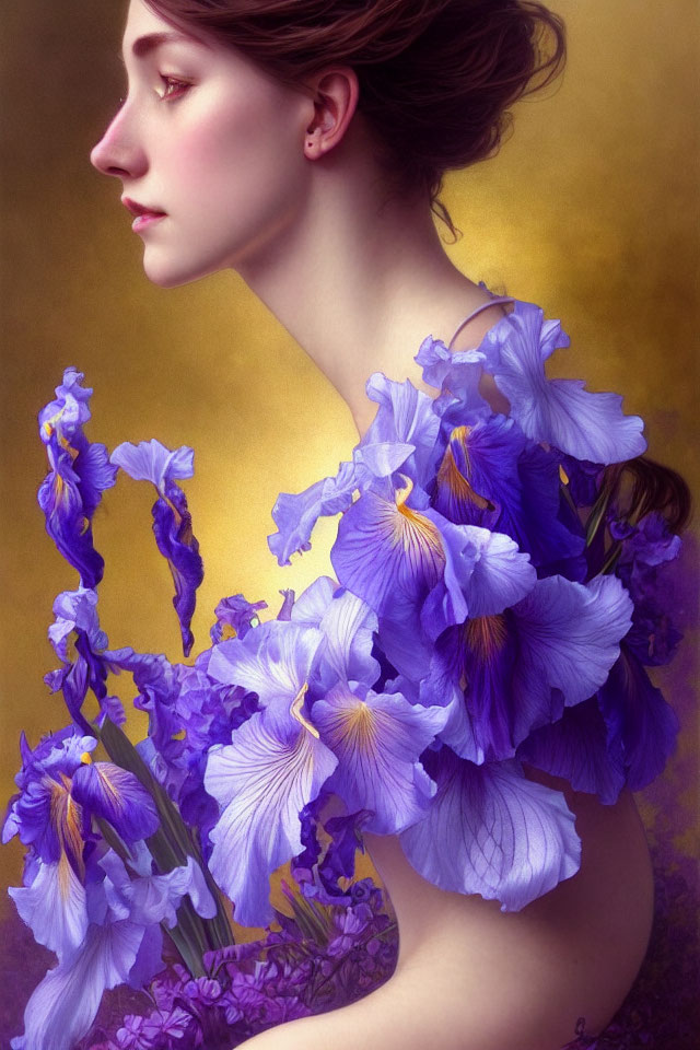 Woman's Portrait with Purple Irises in Attire: Natural Beauty and Elegance Blend