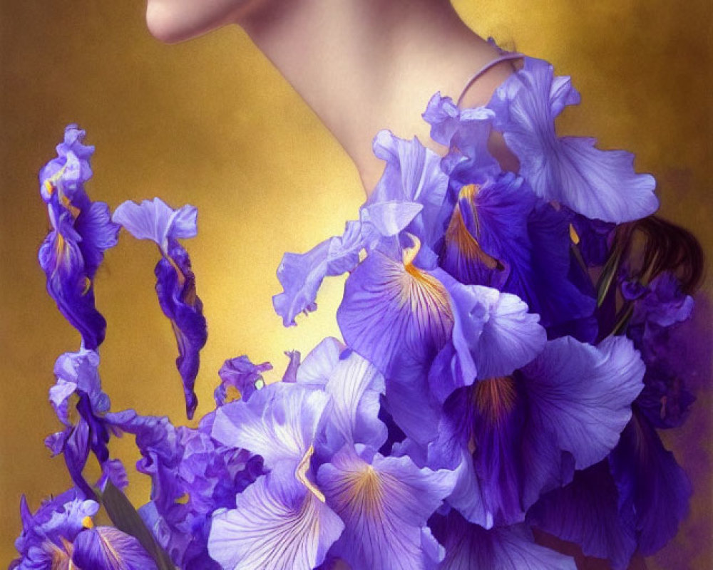 Woman's Portrait with Purple Irises in Attire: Natural Beauty and Elegance Blend