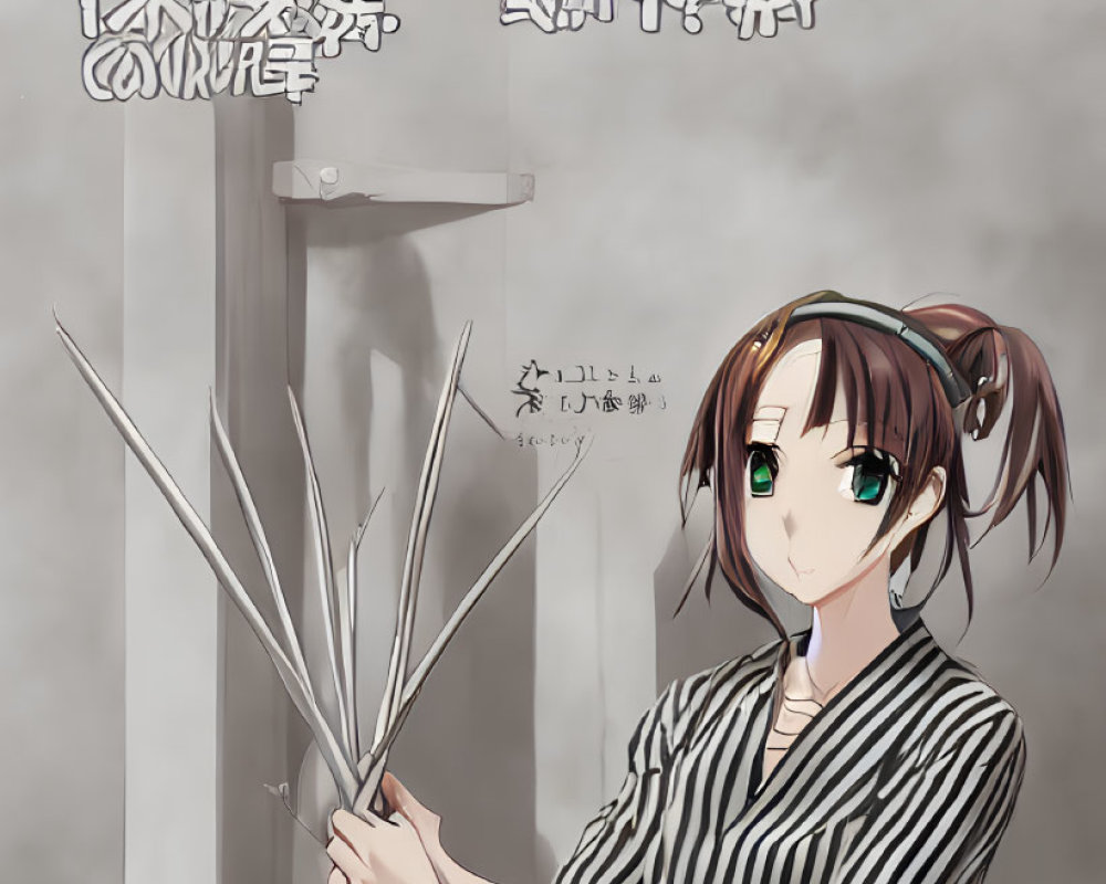 Illustration of woman with brown hair and glasses holding open blades and character portraits with Japanese text.