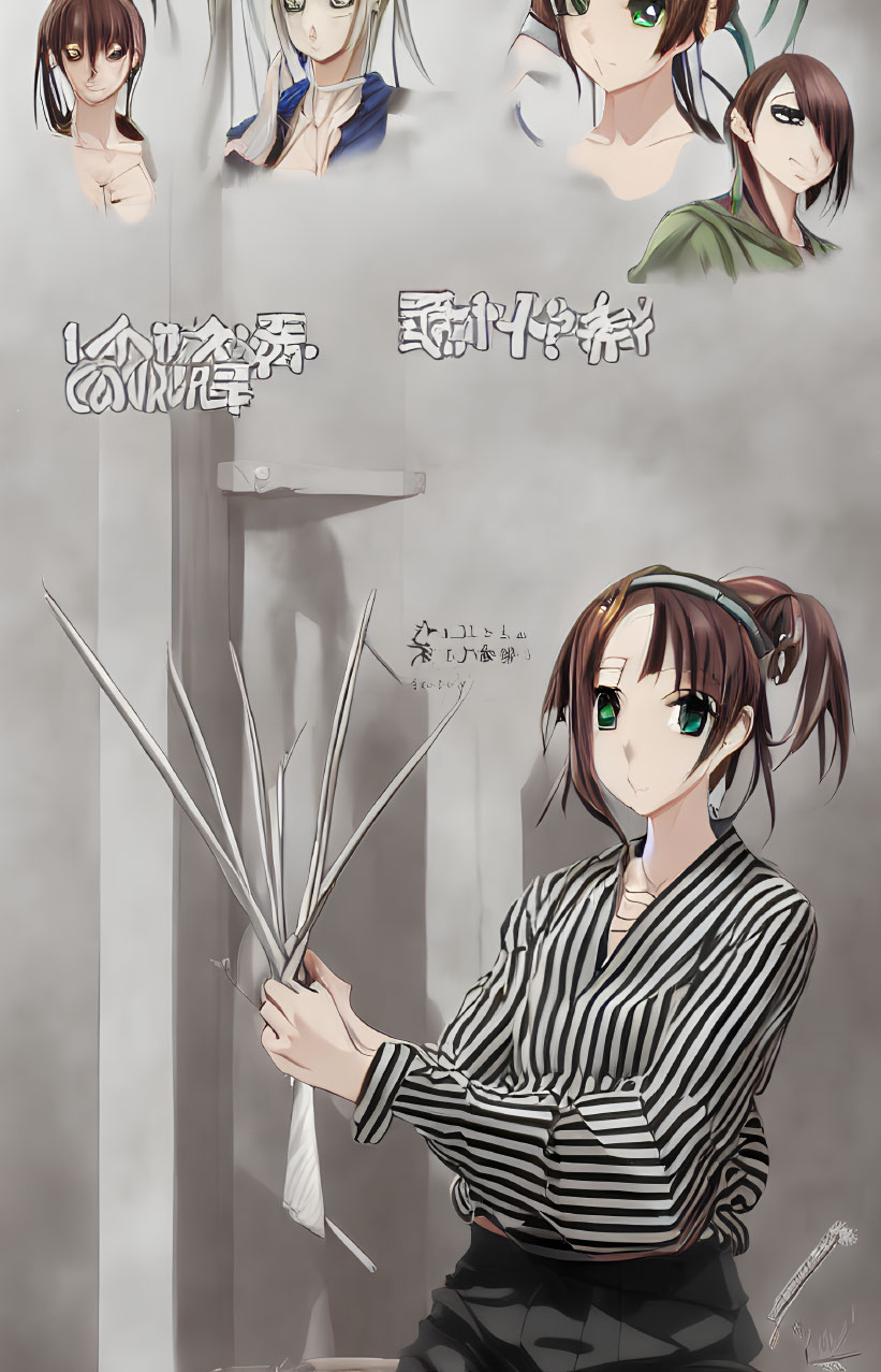 Illustration of woman with brown hair and glasses holding open blades and character portraits with Japanese text.