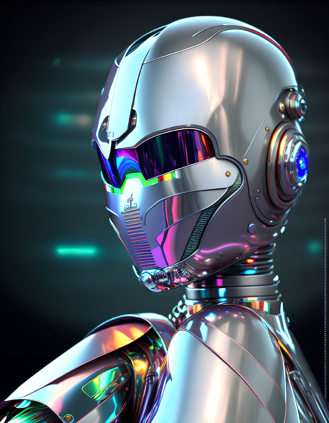 Detailed humanoid robot head with futuristic helmet and visor on dark background.