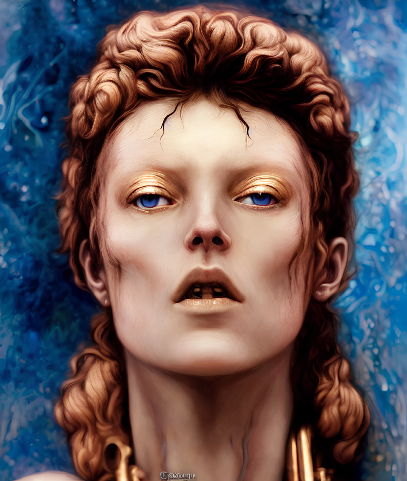 Portrait of a person with golden eyes, curly hair, and serene expression on blue textured background