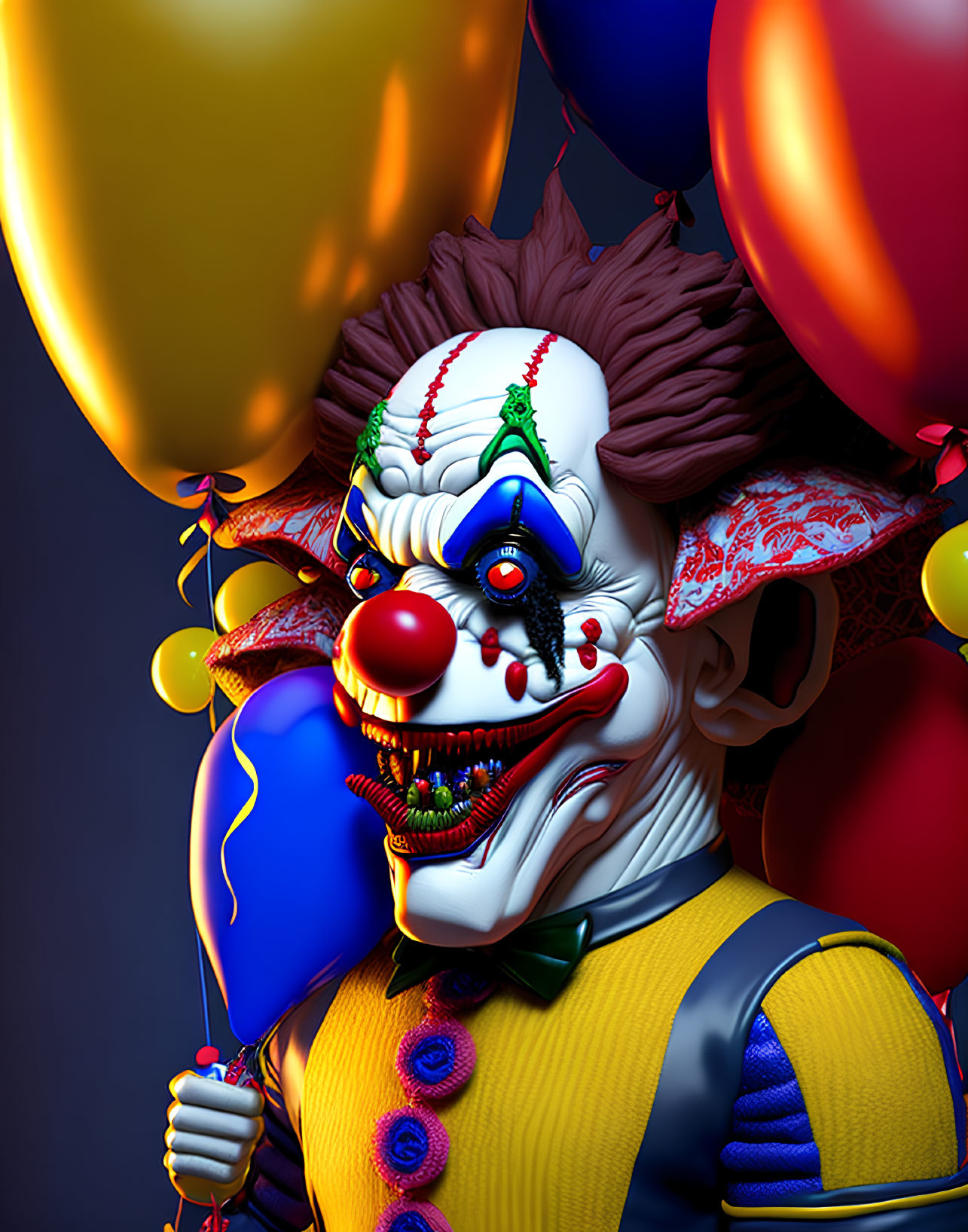 Sinister smile clown with colorful balloons and sharp teeth