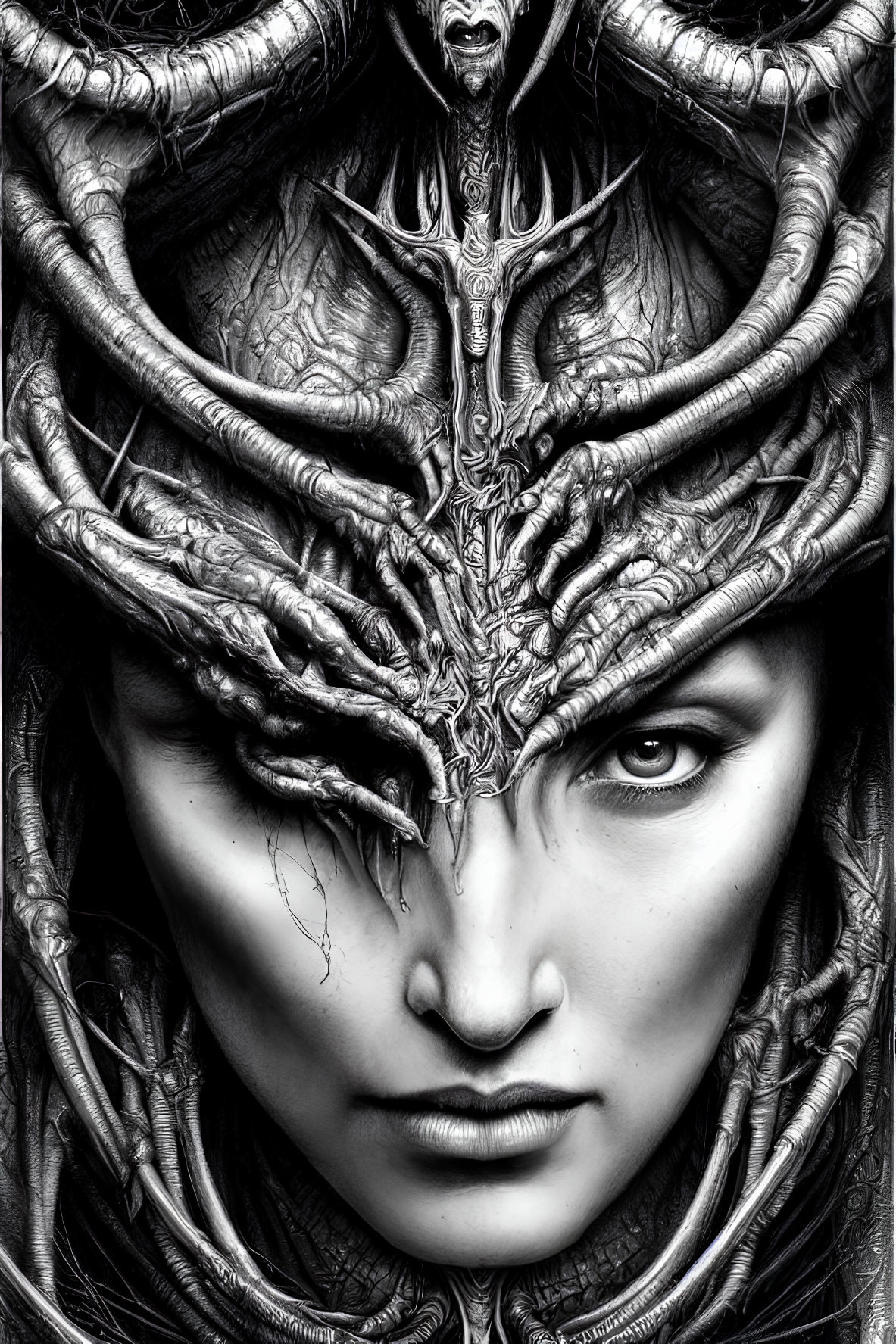 Monochrome fantasy art of person with tree headdress