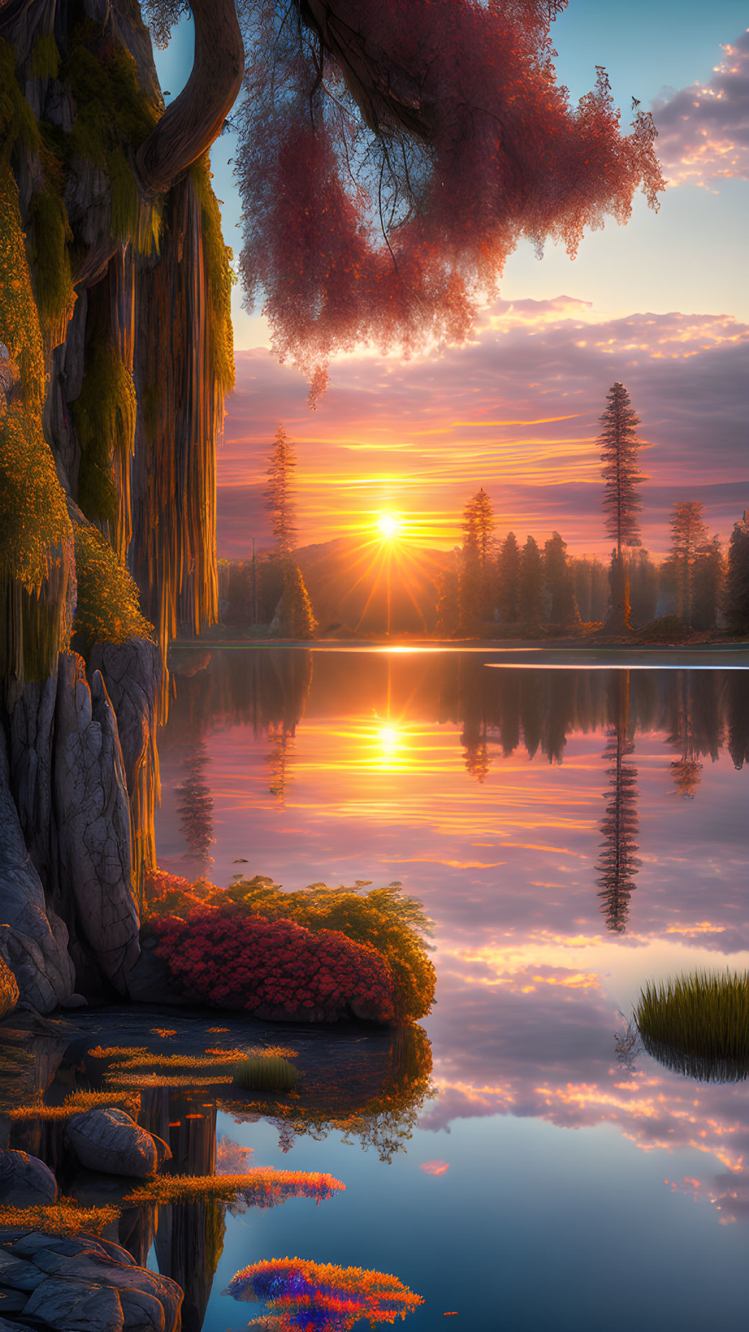 Tranquil lake at sunset with lush trees and rocky shores