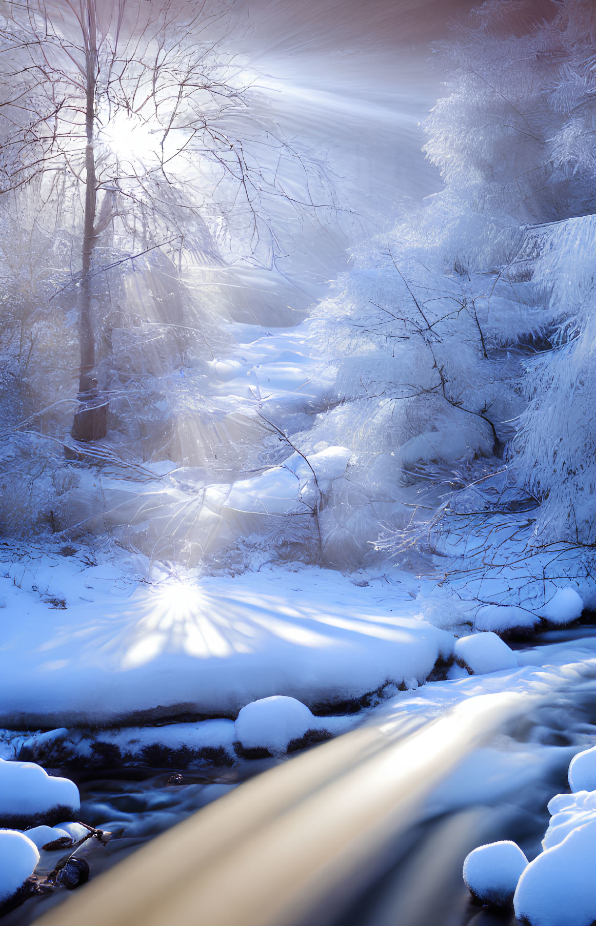 Sun rays through mist and snowy landscape with stream