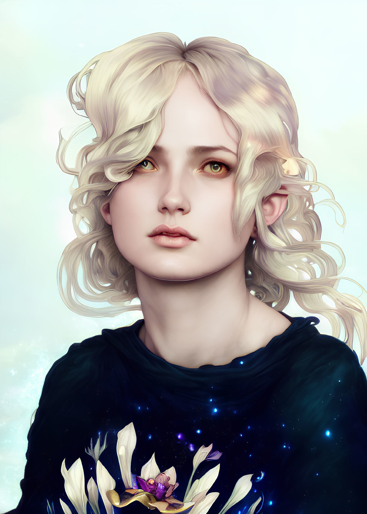 Young person with blond curls and green eyes in galaxy-themed shirt with white lotus.